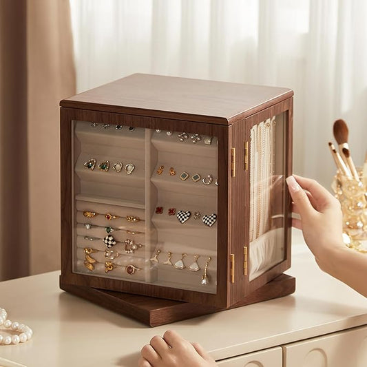 CHOSIN Black Walnut Wooden Jewelry Box, 360Â° Rotating Organizer with Glass Lid, 5 Drawers for Earrings, Rings, Necklaces â Vertical Jewelry Storage for Women Valentine's Day Gifts