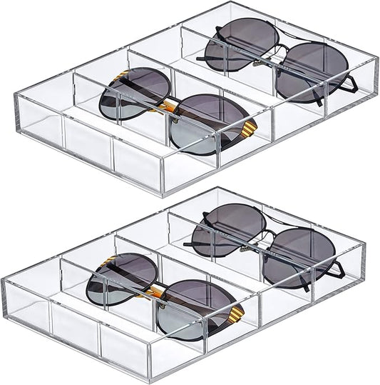 Amazing Abby - Soleil - 2-Pack Acrylic 4-Compartment Sunglass Organizer, Plastic Eyeglass Display Case, Transparent Jewelry Storage Tray, Clear Beauty Supply Holder, Great for Bedroom and Bathroom