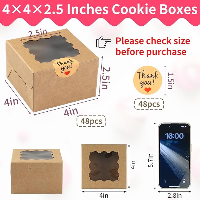 WINKIO 48 Pcs White Cookie Boxes, 4x4x2.5 Inches Bakery Boxes with Window, for Mini Cake Treat Dessert Pastry Donuts Macaroon Strawberries Chocolate Candy (with Stickers)