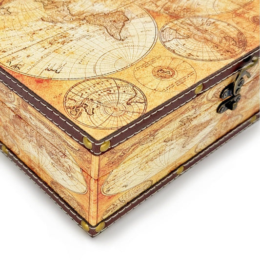 Amedoo Vintage Wooden Storage Box - Treasure Chest Themed Gift, Keepsake Box for Trinkets, Jewelry, Mementos - Global Decor (Map/Yellow, Medium)