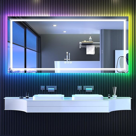 LED Mirror for Bathroom, 72"X32" with 8 RGB Backlit +3 Front Lit (Adjustable Individually), Anti-Fog, Large Lighted Bathroom Vanity Mirror for Wall,Shatterproof,Memory Function,Tempered Glass