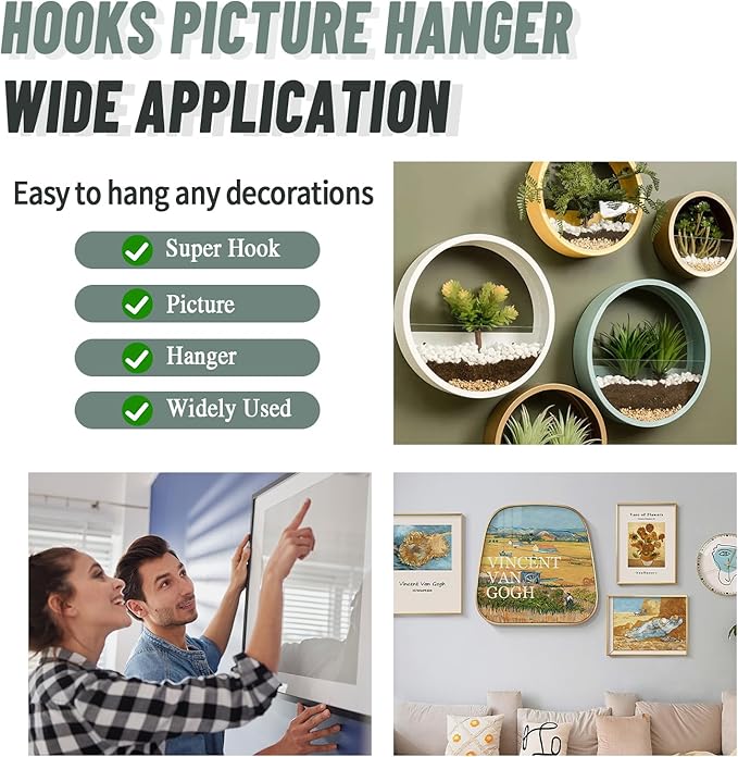 FURHUA 20pcs Super Hook Picture Hangers and Office Pack, Drywall Hooks for Hanging Pictures, Wall Hooks, Picture Hangers, Picture Hanging Kit，Hang Art, Clock, Shelves, Mirrors
