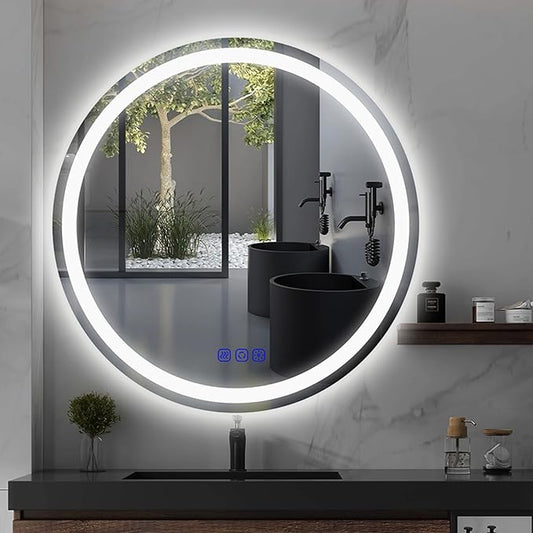 24" LED Round Bathroom Mirror â Front & Backlit Lighted Vanity Mirror, Wall-Mounted with Smart Memory Touch, Stepless Dimming, Anti-Fog, Shatterproof Design