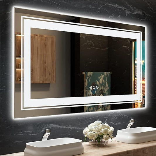 LED Bathroom Mirror, 55"x30" with Front and Backlit, Anti-Fog, Large Bathroom Vanity Mirror for Wall, Memory Function, Stepless Dimmable, Tempered Glass (Horizontal/Vertical)