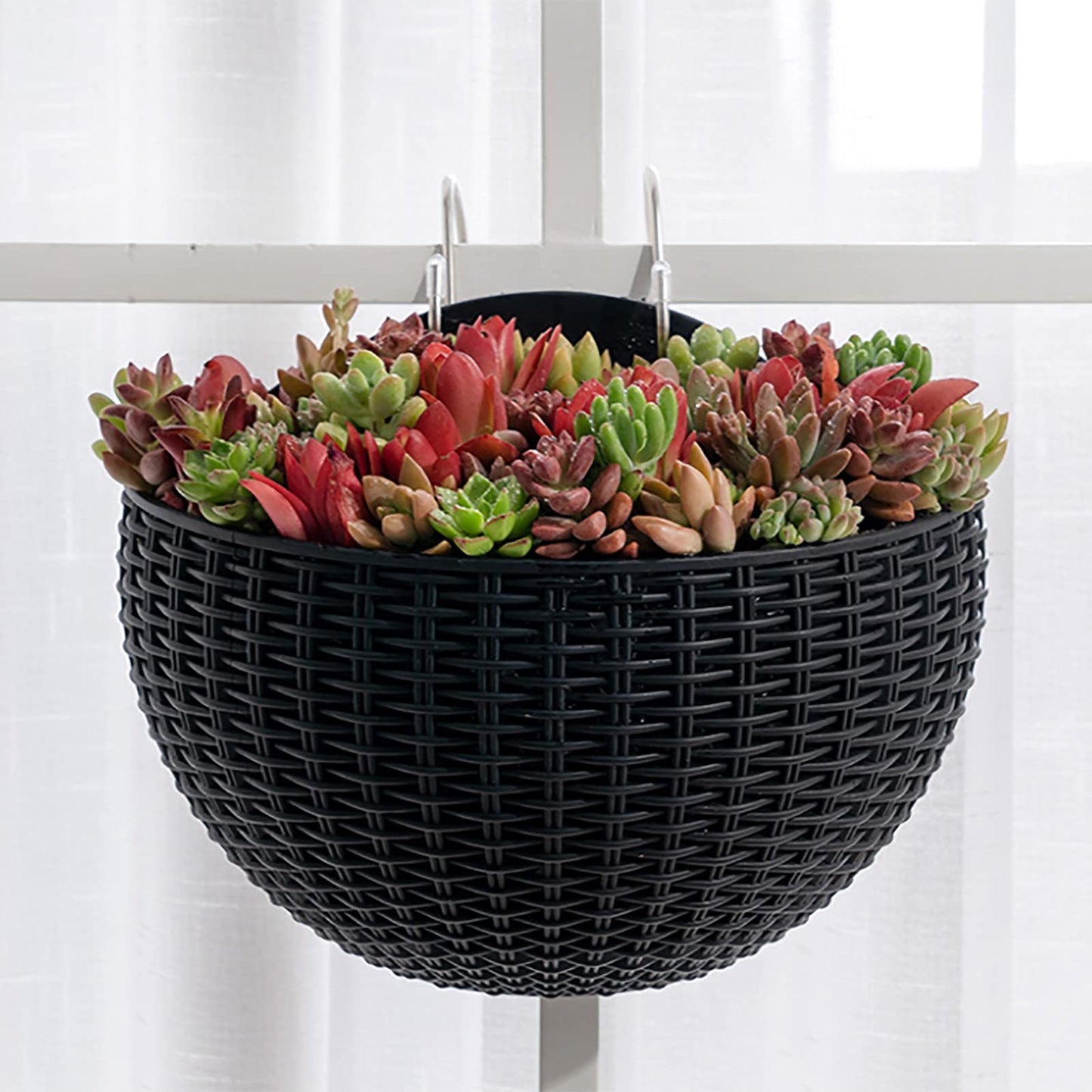 Hanging Planter Pot, Wall and Railing Hanging Planters with S Hooks, Half Round Imitation Rattan European Style Wall Flowerpot Rustic Decorative Flower Basket for Home(#2pcs 26 * 20.5cm Wine red)