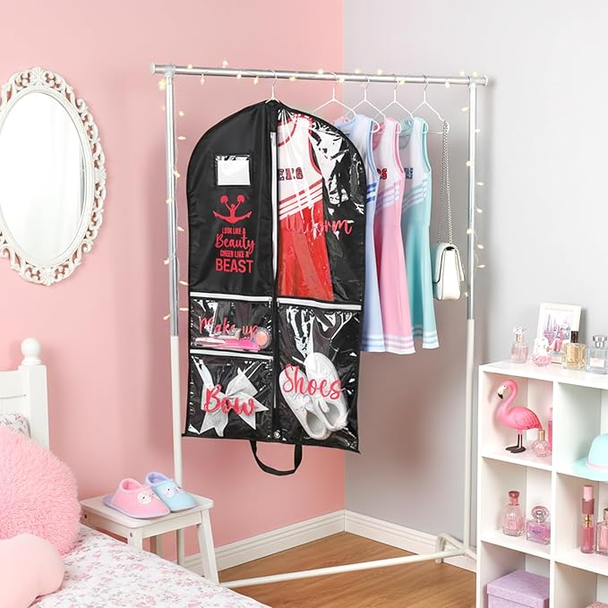 DEEKA Cheer Garment Bag for Hanging Clothes with Zipper Pockets Cheer Accessories Mom Essentials Uniform Costume 40 Inch Black Bags Stuff for Cheerleading Girls (Black,Red-Cheer Quote)