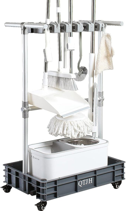 Broom mop holder cleaning supplies organizer janitorial carts on wheels housekeeping station storage tools for garage, garden, closet, cabinet.