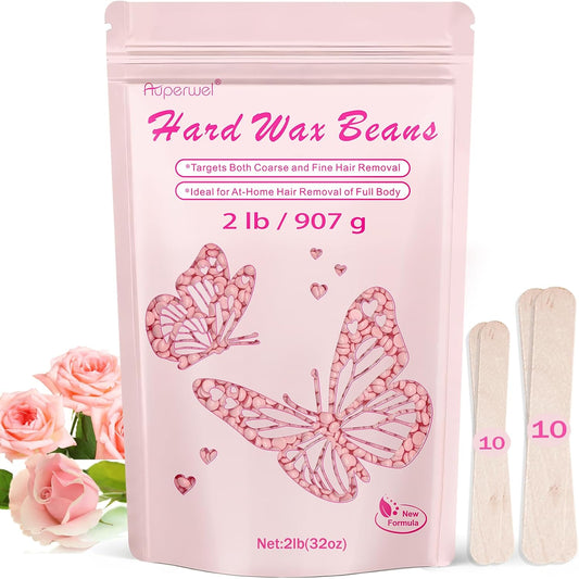 2lbs Wax Beads Includes 20 Sticks,Hard Wax Beads for Hair Removal and Sensitive Skin Friendly, Large Hard Wax for Brazilian, Bikini, Armpits, Face & Body At-Home Waxing, Rose
