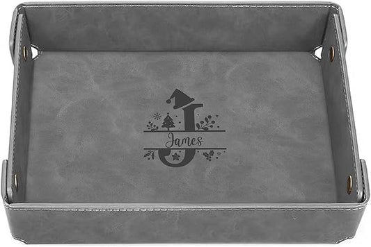 Engraved Christmas Gray Leather Valet Tray â Personalized Rectangle Catchall Organizer for Wallet, Keys, and Jewelry â Gift for Men, Dad, Couples â Dresser Top or Coffee Table Tray Decor
