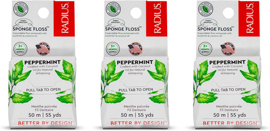 Radius Dental Floss, Sponge Floss, Peppermint, 55 Yards, Vegan & Non-Toxic Oral Care Designed to Help Fight Plaque, Pack of 3