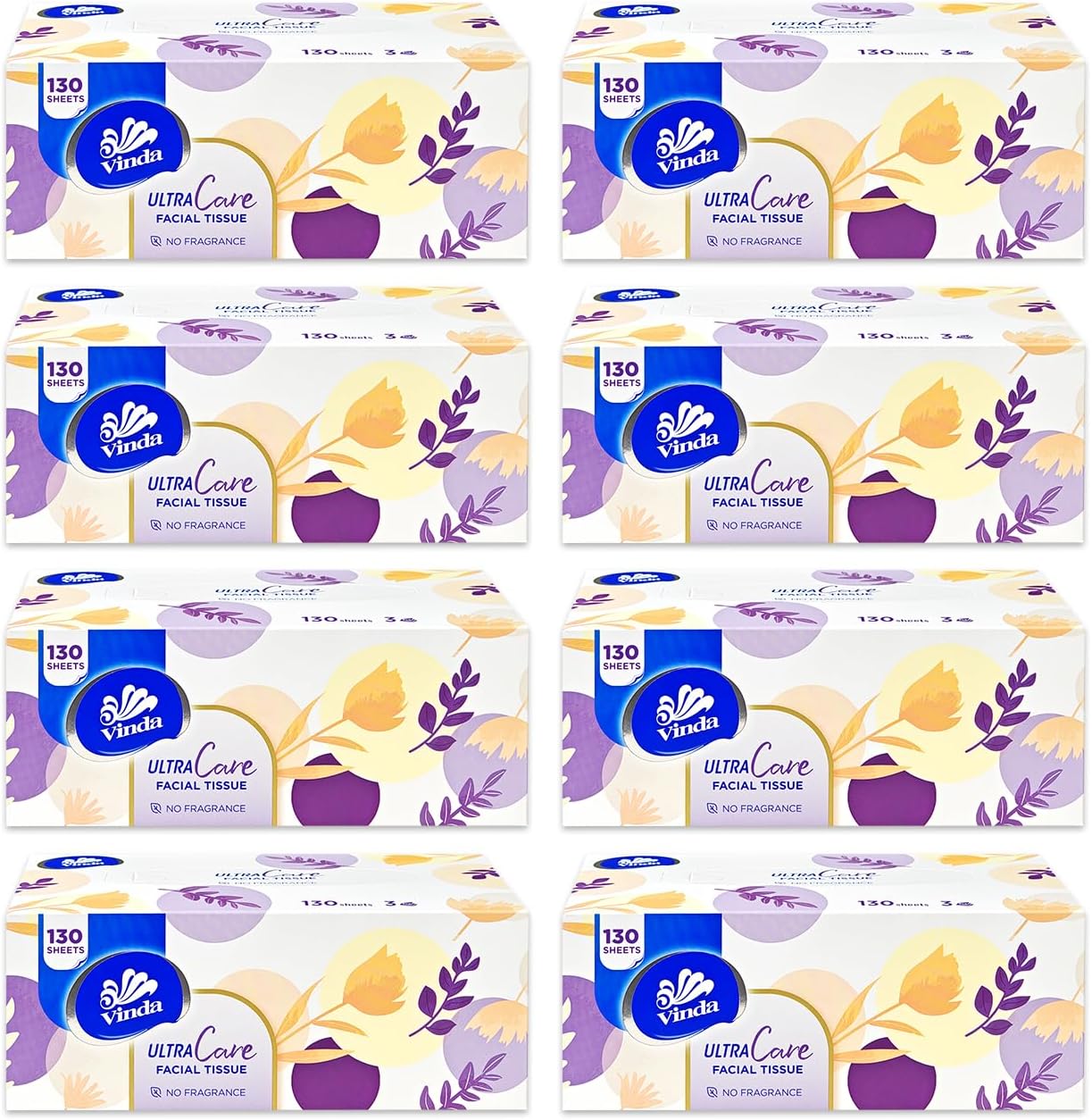 Vinda 3-Ply Ultra Care Facial Tissues – 130 Soft & Strong Sheets per Box, 8 Flat Boxes – Hypoallergenic, Gentle for Sensitive Skin, Ideal for Home, Office, and Everyday Use