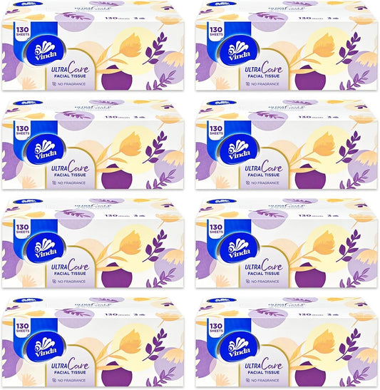Vinda 3-Ply Ultra Care Facial Tissues – 130 Soft & Strong Sheets per Box, 8 Flat Boxes – Hypoallergenic, Gentle for Sensitive Skin, Ideal for Home, Office, and Everyday Use