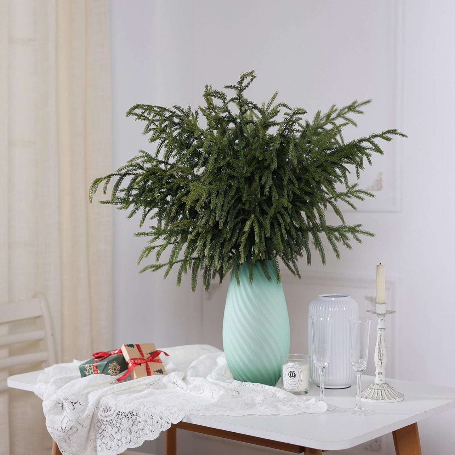 YXZZWL 4 Pcs Christmas Norfolk Pine Branches, 36 Inch Real Touch Artificial Norfolk Pine Branch Faux Cedar Pine Stem Fake Greenery Pine Picks for Vase DIY Garland Wreath Home Garden Decoration