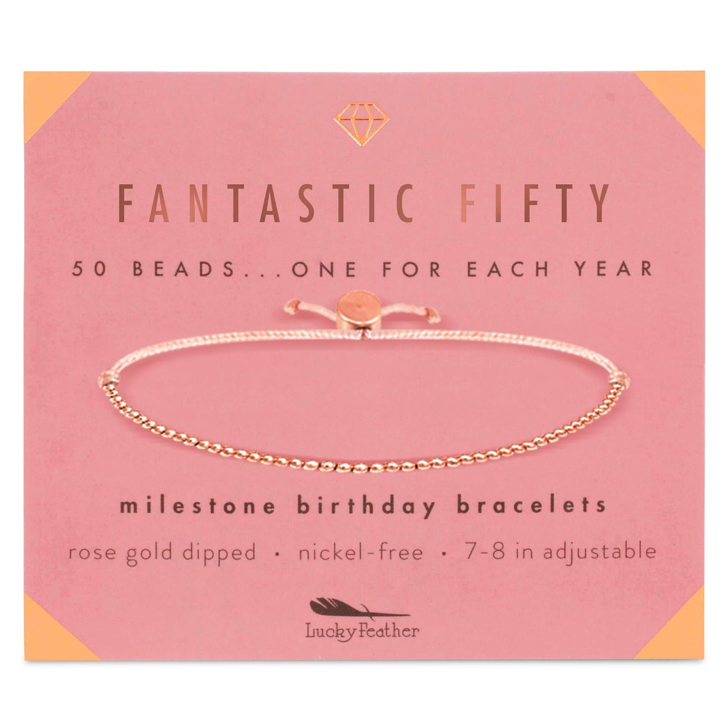 Lucky Feather 50th Birthday Gifts for Women Turning 50-14K Rose Gold Dipped Beads Bracelet on Adjustable Cord, 50th Birthday Jewelry Gift Ideas 50 Year Old Woman