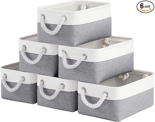 Storage Baskets for Shelves 11.8x7.9x5.2 Inch, Foldable Fabric Storage Bins with Handles, Small Storage Baskets for Organizing Closet, Office, Home Organization (6-Pack, White&Gray)