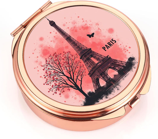 Pill Case Pill Box with Mirror Pocket 3 Compartment Medicine Case Vitamin Pill Organizer for Pocket Purse and Travel (Round, Rose Gold-Paris Eiffel)