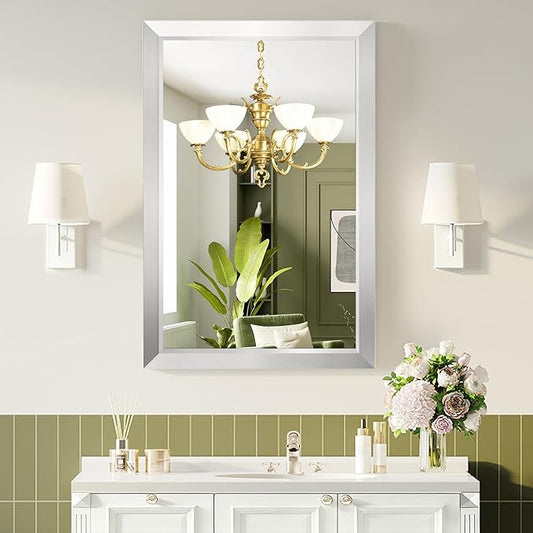 Bathroom Mirror for Over Sink,22x30Inch Silver Thick Anti-Rust Metal Frame, Rectangle Decorative Wall Mirror with HD Tempered Glass, Horizontal or Vertical Mount for Vanity, Bathroom,Living Room