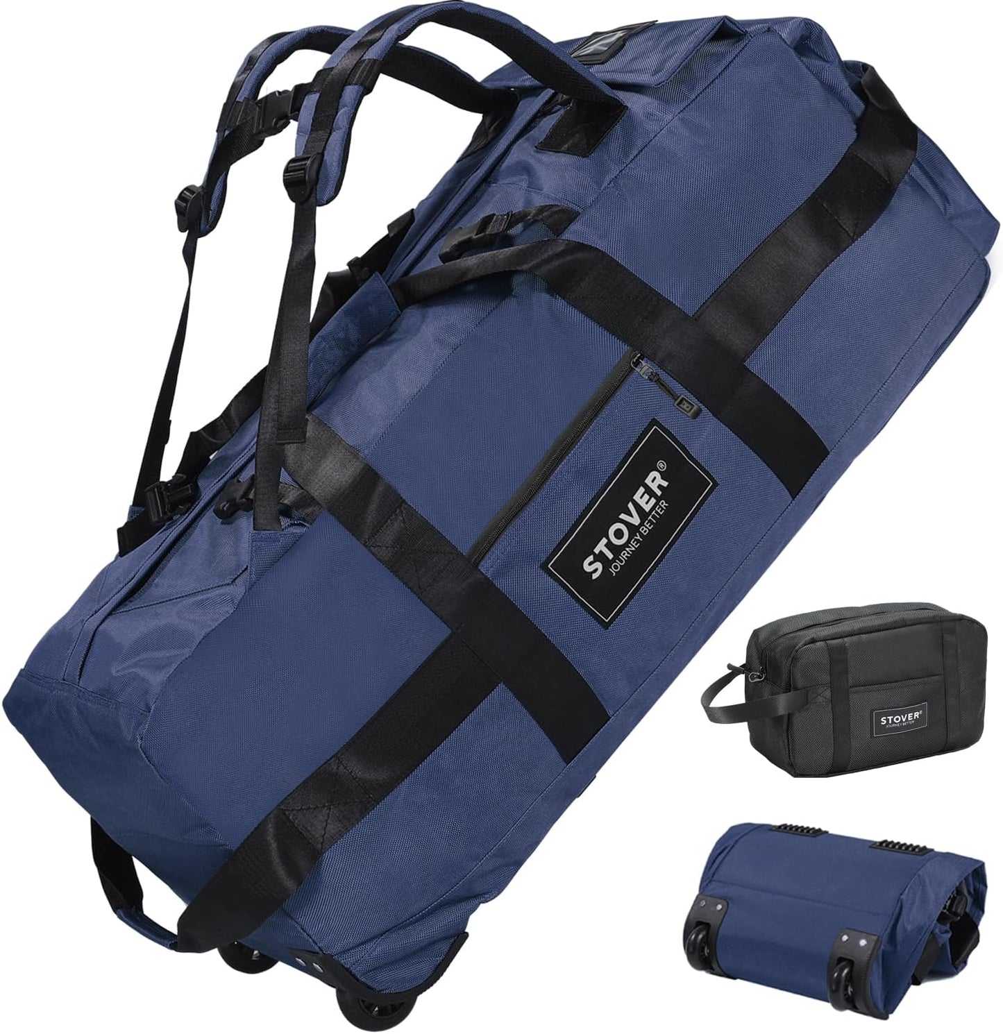 STOVER 45/80/100L Rolling Duffel Bag with Wheels, Large Durable Travel Duffle + Toiletry Bag, Heavy Duty, Packable, Foldable with Shoulder Straps- Use as Luggage or Backpack, Men/Women (Navy Blue)