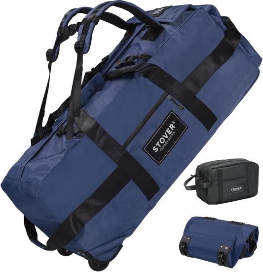 STOVER 45/80/100L Rolling Duffel Bag with Wheels, Large Durable Travel Duffle + Toiletry Bag, Heavy Duty, Packable, Foldable with Shoulder Straps- Use as Luggage or Backpack, Men/Women (Navy Blue)