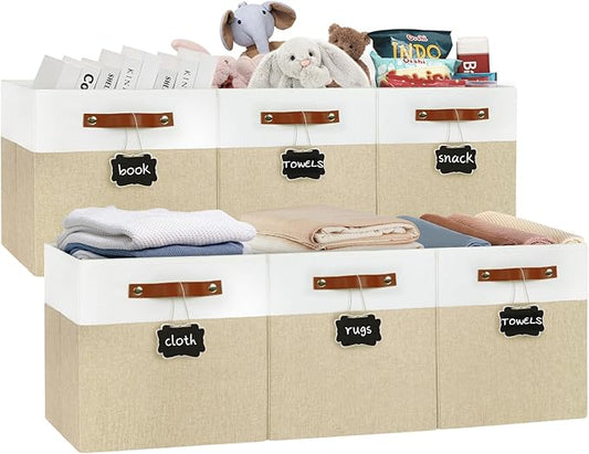 13x13 Storage Cubes 6-Pack, Large Foldable Fabric Cube Storage Bin with Reinforced Bottom and Labels, Organizer Baskets for Shelves, Closets(White/Khaki)