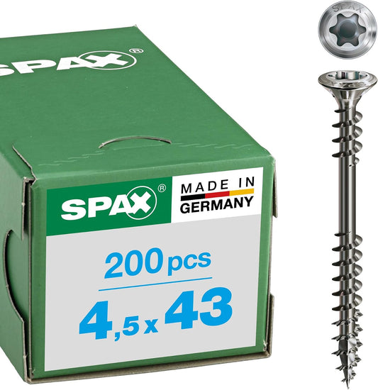 SPAX Facade Screw, 4.5 x 43 mm, Pack of 200, Fixing Thread, Raised Countersunk Head, T-Star Plus T20, 4CUT, Rustproof Stainless Steel A2-25470004504322