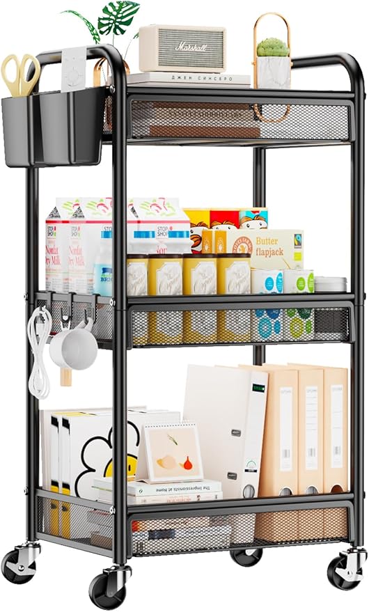 YASONIC 3 Tier Rolling Cart â Metal Utility Storage Carts with Wheels, Craft Cart Organizer with Hanging Cups, Hooks, Mesh Basket for Bedside Kitchen Office Art, Black