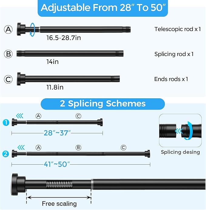 Shower Curtain Rod 31-49 Inch,0.87"Diameter Adjustable Spring Tension Curtain Rods No Drill,Matte Black Shower Tension Rod for Bathroom,Room Divider,Window,Anti-Rust Non-Slip 1-Pack