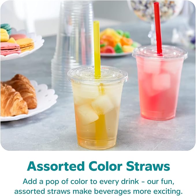 GUSTO [16 oz. - 100 Count Clear Cups with Flat Lids & Straws - Disposable Clear Drinking Cups for Iced Coffee, Cold Drinks, Milkshakes, and Smoothies - Formerly Comfy Package