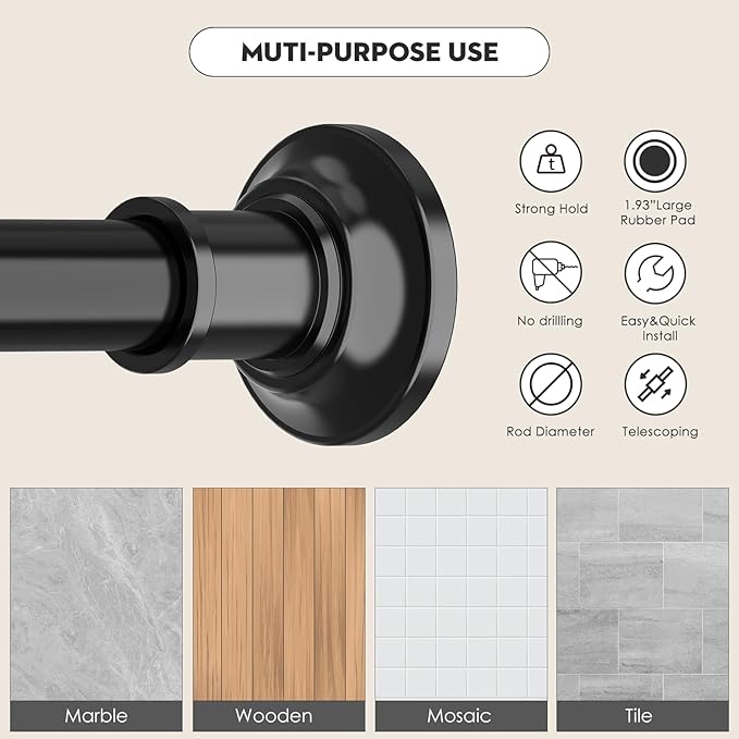 Tension Shower Curtain Rods 1.1" Diameter Black Long Curtain Rod 30 to 100 inch Adjustable Spring Heavy Duty Rods for Bathroom Windows Outdoor No Drill No Slip Stainless Steel
