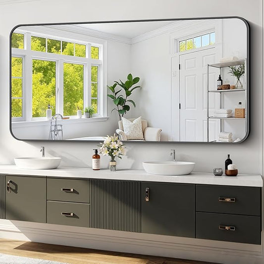 Koonmi Black Framed Bathroom Mirror - 32x72 Inch Shatterproof Tempered Glass Vanity Mirror for Bathroom Sink, Wall Mounted with Matte Aluminum Alloy Frame, No Distortion, Modern Decor