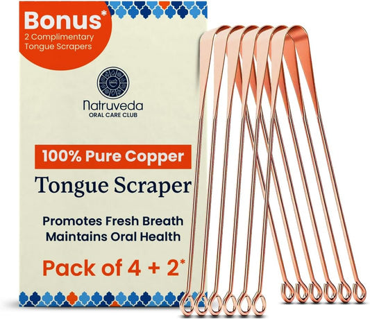 100% Pure Copper Tongue Scraper – Limpiador de Lengua Raspador for Adults & Kids | Metal Tongue Cleaner for Fresh Breath | Reusable Ayurvedic Tongue Scraper | Tongue Cleaning Tool (6 Pack, USA Seller)