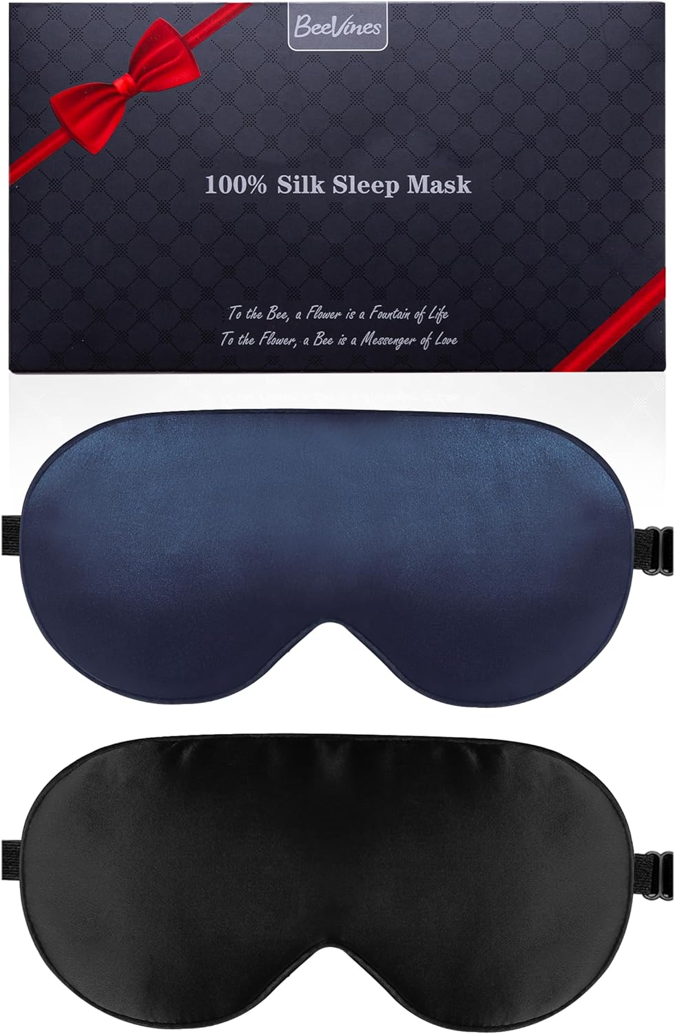 BeeVines 100% Real Mulberry Silk 2 Pack Sleep Mask, Pure Silk Eye Masks with Adjustable Strap for Sleeping, 100% Block Light Eye Sleep Shade Cover, Reduces Puffy Eyes Traveling Gifts(Black & Blue)