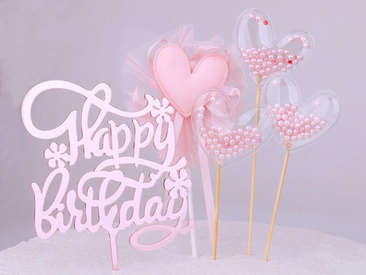 Rose Gold Happy Birthday Cake Topper Set 5PCS Heart Pink Pearls Cupcake Toppers for Girls Women Princess Party Decorations Supplies