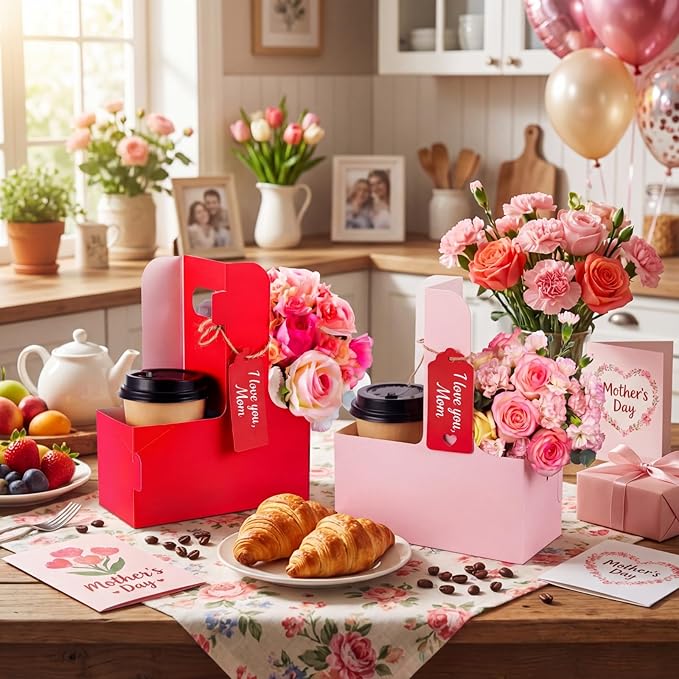 MotiMind 100 Pack Mother's Day 2 Cup Drink Carrier with Handle, Kraft Paperboard Teacher Cup Holder Portable for Hot Cold Drinks, Coffee Carrier Gift with Heart Card Rope (Red,Pink)