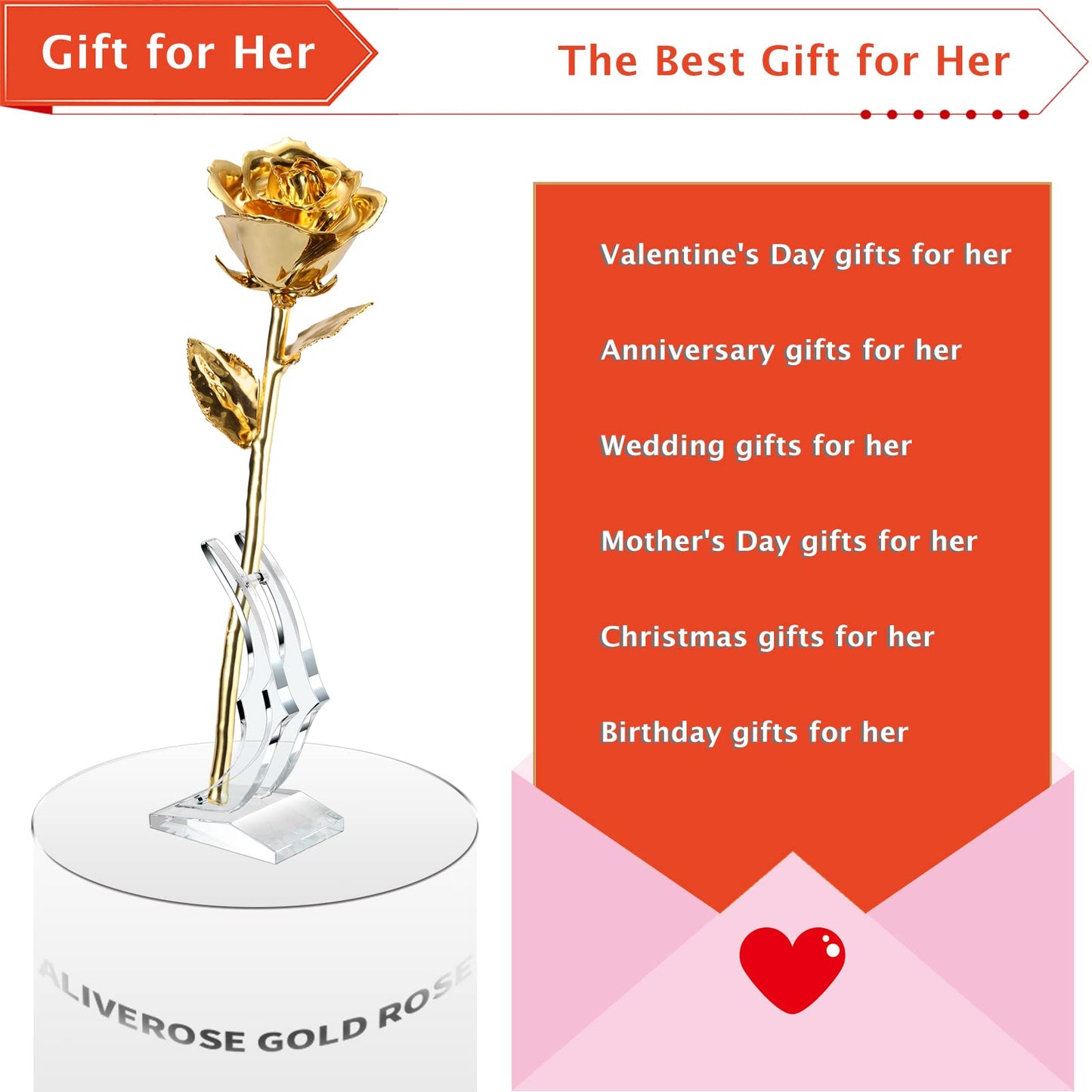 AliveRose 24k Gold Rose, Golden Rose Made from Real Rose - Unique Design Dipped Rose for Anniversary Valentines Mothers Day Birthday Gifts (Golden Rose with Stand)