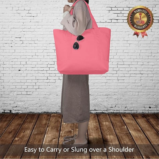 TOPDesign 6-Pack Canvas Tote Bags with an External Pocket, Reusable Grocery Shopping Bags, Top Zipper Closure, Daily Essentials (Rose Pink)