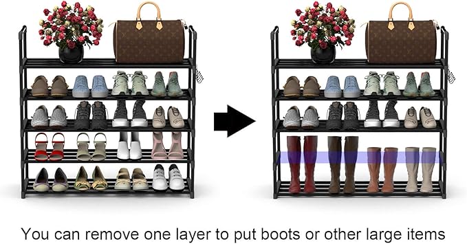 5 Tiers Metal Shoe Rack,Adjustable Shoe Shelf Storage Organizer with Hooks,Stackable Boot & Shoe Storage,for Entryway,Hallway,Closet,Black