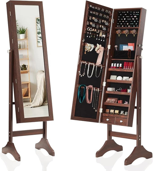 Large Jewelry Armoire with Full-Length Mirror - 47.3" Lockable Storage Cabinet, Velvet Lining, 5 Shelves, 3 Adjustable Angles & Accessory Pouch (Brown)