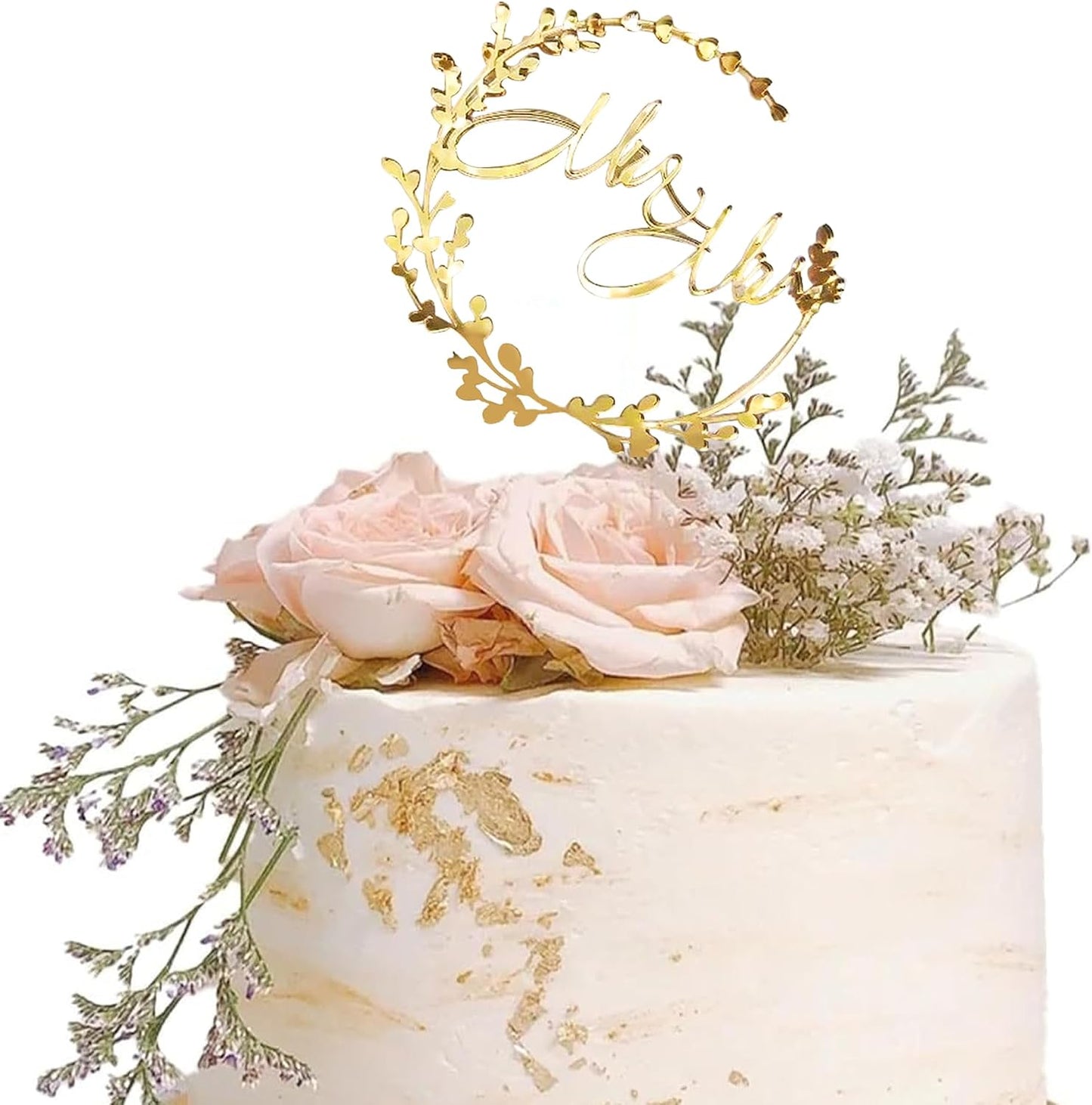 Gold Round "Mr & Mrs" Cake Topper, Wreath & Acrylic Cake Decoration, Elegant Wedding Party Decor
