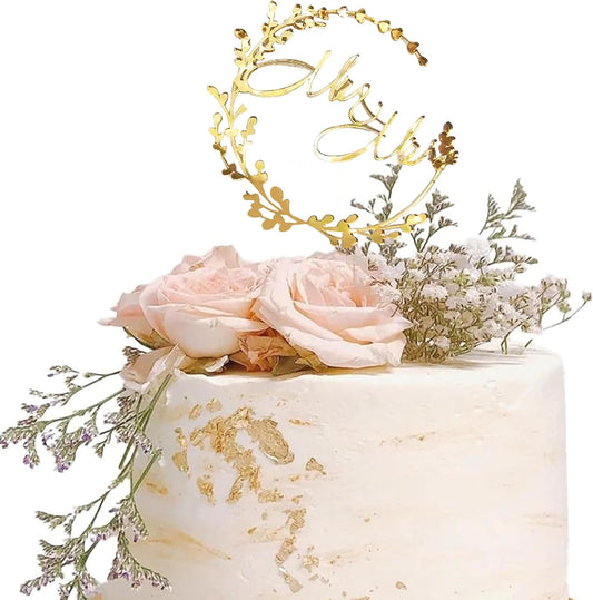 Gold Round "Mr & Mrs" Cake Topper, Wreath & Acrylic Cake Decoration, Elegant Wedding Party Decor