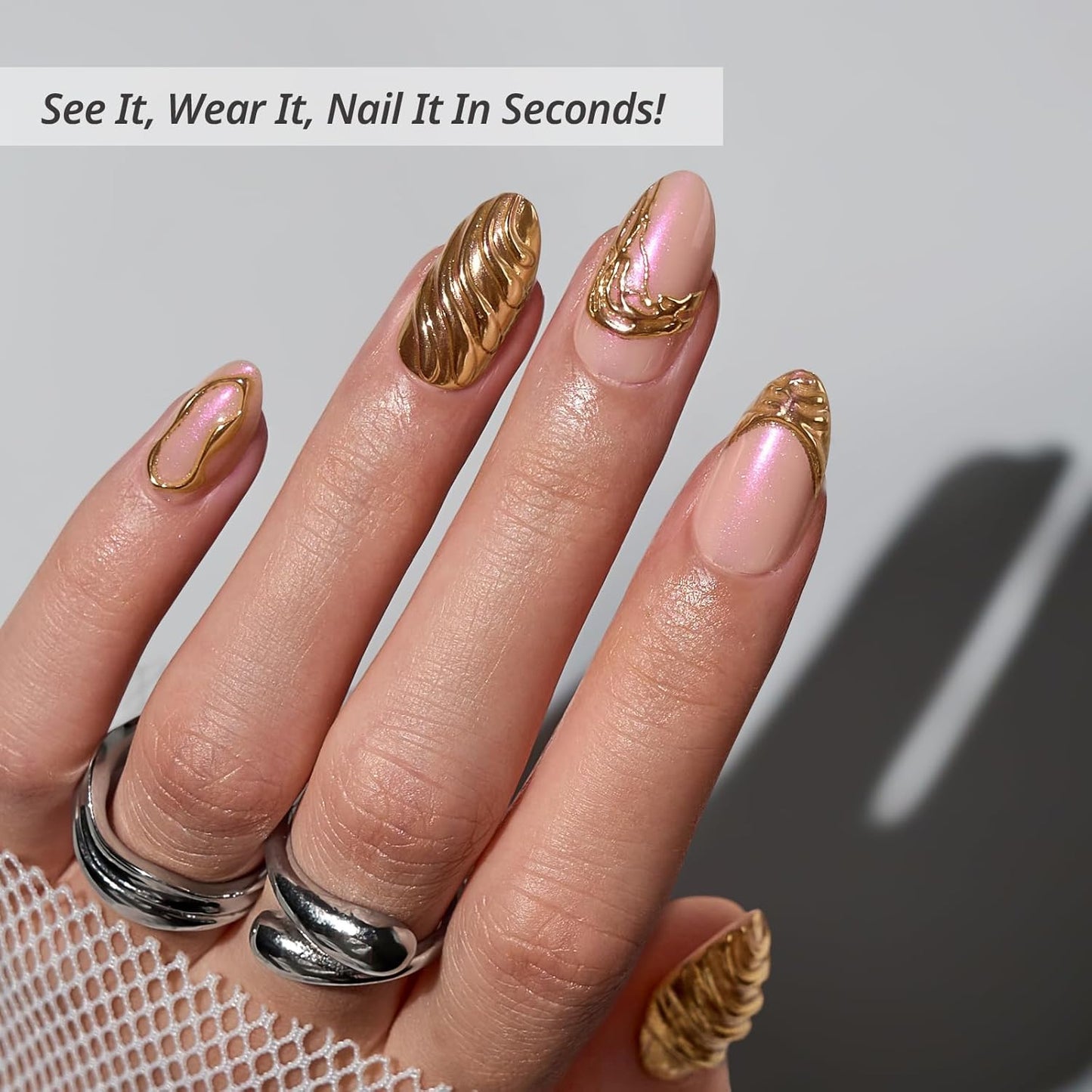 BTArtbox Press On Nails Short - 3D Gold Sculpting Almond Press On Nails with Glue for Women, Opaque Soft Gel Glue On Nails in 16 Sizes - 32 Stick On Nails Kit, Metalhead