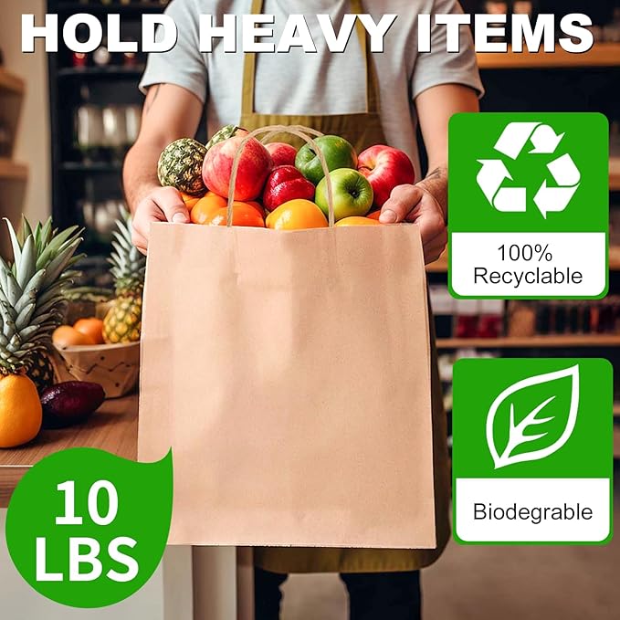 BAG BOX 100 Pcs Medium 8.25x4.3x10.6 Inch Brown Kraft Paper Gift Bags with Handles for Bulk Wedding, Party Favors, Grocery, Shopping, Retail Merchandise, Gift Sacks