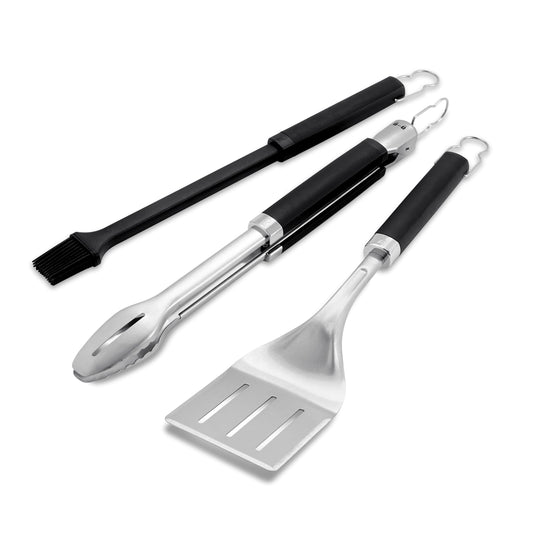 Weber Precision 3âPiece Grilling Tool Set â Stainless Steel Tongs, Spatula & Silicone Basting Brush with NonâSlip Handles and HandsâFree Locking