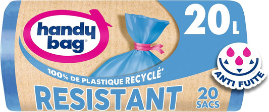 Handy Bag - 20L x 20 Bags Heavy Duty Bin Liners with Ties - Performance: Durable Plastic Film - Maximum Waterproof - 100% Recycled Plastic