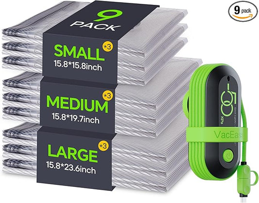 9 Pack Travel Vacuum Storage Bags with USB Electric Pump, Carry-on Size Space Saver Bags for Clothes and Clothing Travelï¼Compression Packing for Luggage and Suitcase
