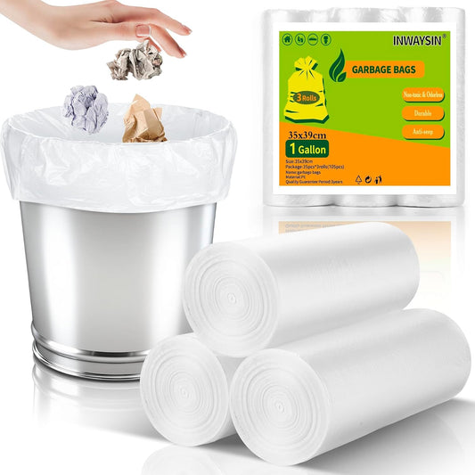 1 Gallon Small Trash Bags - 3 Rolls 105 Count Clear White 1 Gallon Garbage Bag Strong, Leakage-Free Unscented Thick Plastic Wastebasket Liners for Bathroom, Office, Kitchen Inwaysin