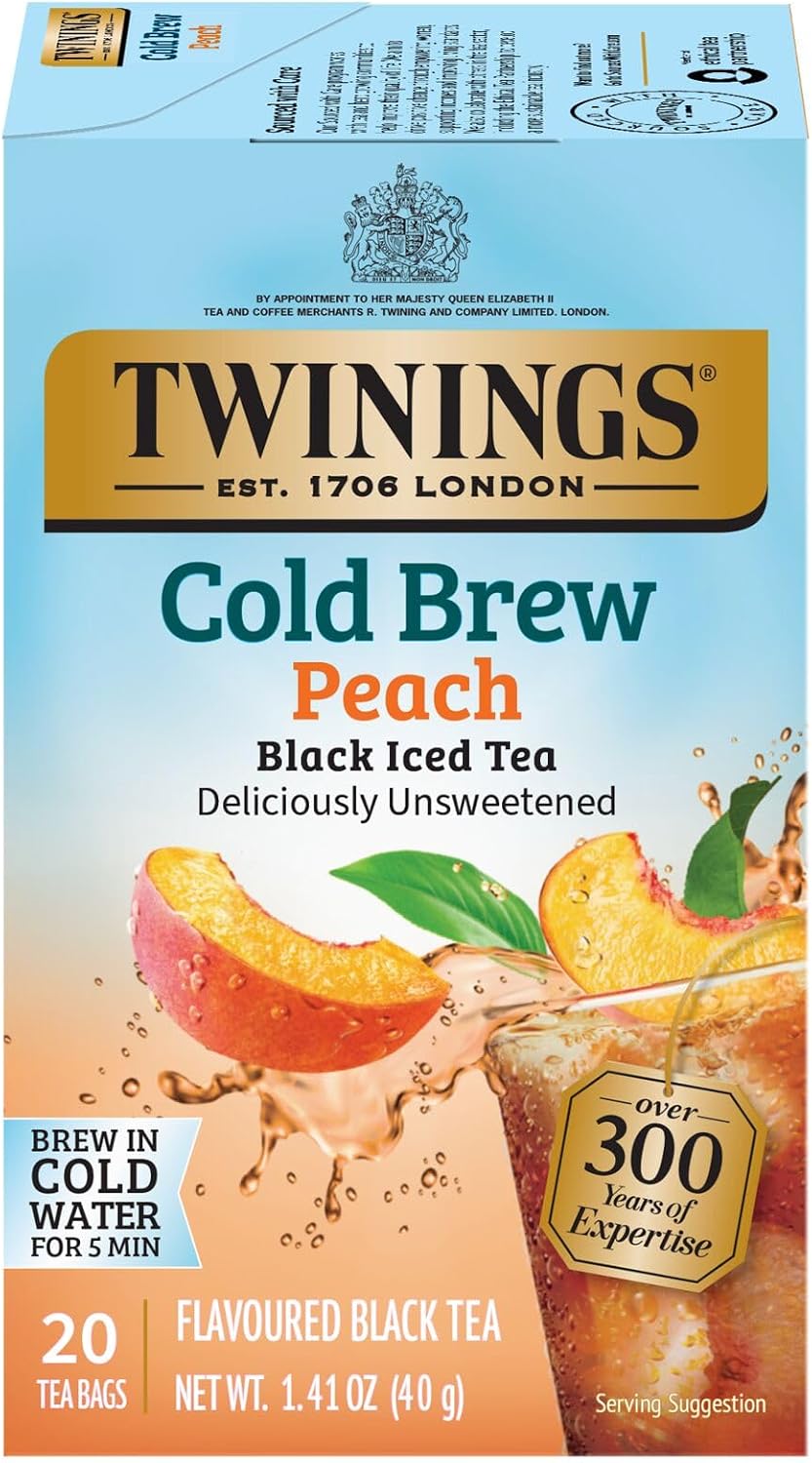 Twinings Peach Cold Brew Iced Tea Bags, 20 Count (Pack of 1), Unsweetened Flavoured Black Tea, Caffeinated, 20 Teabags
