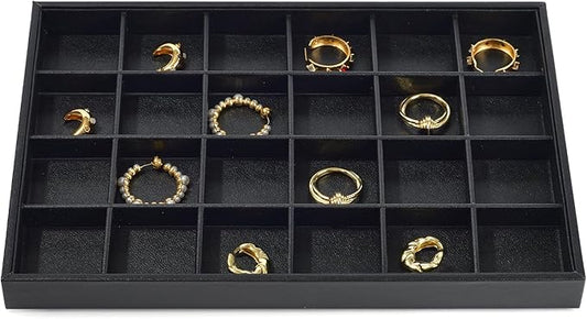 24 Grid Black Leather Jewelry Trays Earring Organizer Tray Jewelry Display Trays Jewelry Drawer Organizer for Ring Earrings Storage Display (Black)