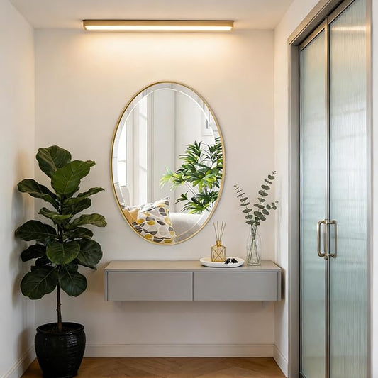 POZINO Vanity Beveled Mirrors, 22"x30" Oval Mirror for Over Sink, Modern Brass Mirror with Stainless Steel Frame, Brush Gold Rounded Mirrors for Bathroom Bedroom Living Room, Horizontal Or Vertical ï»¿
