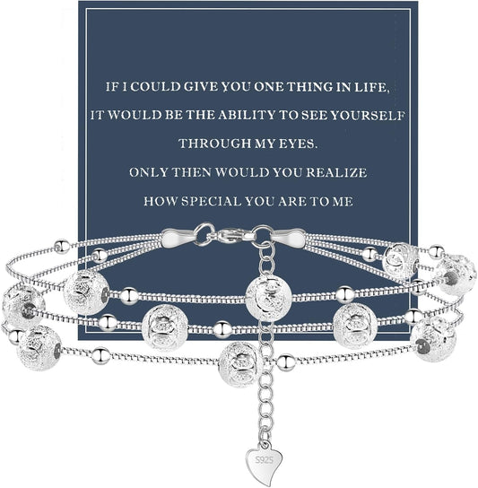 QianSiLi 925 Sterling Silver Charm Bracelet for Women Adjustable Beaded Layered Bracelets Silver Jewelry Gift for Women Teen